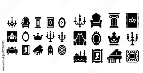 Elegant vintage icons set: chandeliers, mirrors, crowns, and furniture silhouettes