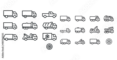 Variety of outline truck icons: pickup, dump, tanker, tow, garbage, and more