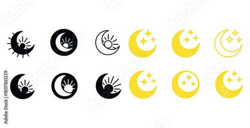 Sun and moon icon set featuring celestial symbols in black and yellow