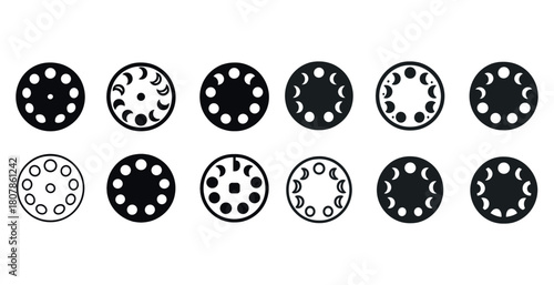 Lunar phase icon set: modern black and white moon cycle designs