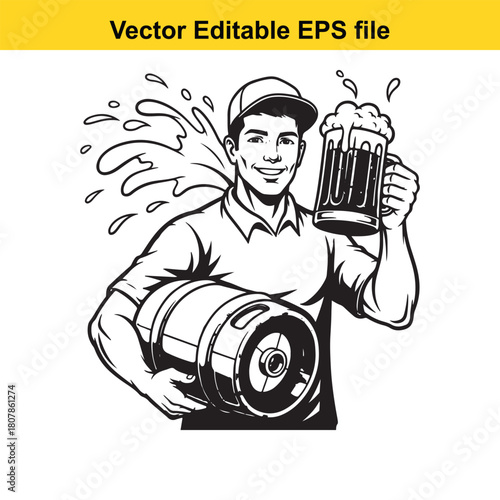 A cheerful man with a beer mug and a barrel isolated on a fun illustration for a brewery or beer festival