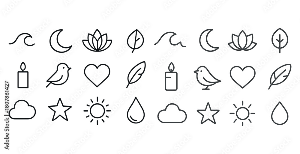 Naklejka premium Minimalist nature icons set featuring birds, leaves, and stars in simple line art style