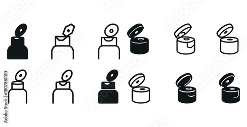 Vector icons of dispenser bottles and containers with flip-top lids