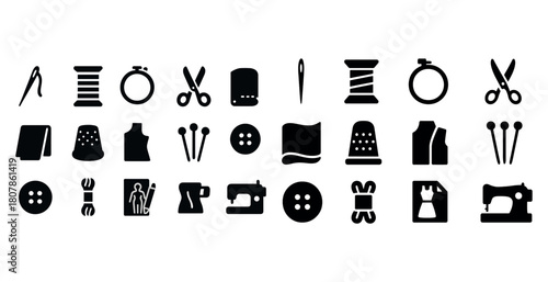 Black sewing icons: tools, thread, needles, and more in minimalist design