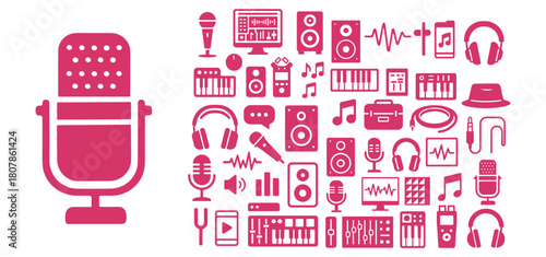 Podcast Microphone with Audio Recording Icons – Music and Broadcasting Illustration
