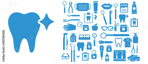 Dental Hygiene and Dentistry Icon Set – Tooth Care, Oral Health Tools, Dental Clinic Equipment Illustration