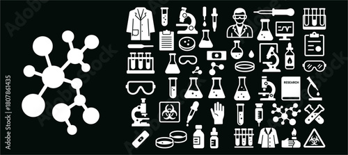 Chemical Molecule with Laboratory Equipment Icons – Science Research Illustration