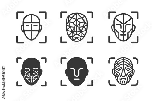 Facial Recognition Logos. Facial recognition. Icon set. Set Logo of facial recognition: camera lens with face aperture motif. harmonious logo variations of the