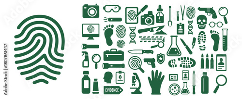 Fingerprint and Forensic Science Icon Collection – Crime Scene Investigation Tools, Evidence Analysis Symbols