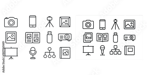 Media and technology icons set with camera, smartphone, projector, microphone
