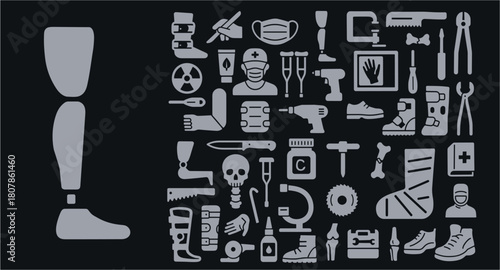 Prosthetic Leg and Orthopedic Equipment Icon Set – Amputee Support, Rehabilitation Tools, Medical Symbols Illustration