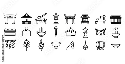 Japanese cultural icons collection with traditional structures and artifacts in outline design