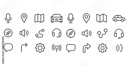 Minimalist line icons set: maps, technology, and communication symbols
