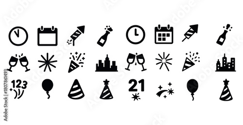 Celebration icons collection: party, calendar, champagne, balloons, fireworks