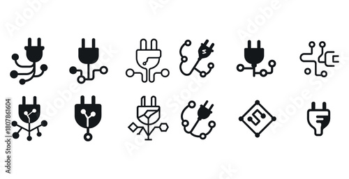 Collection of black and white plug and circuit icons with various designs
