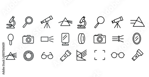 Set of optical and observation instrument icons in line style