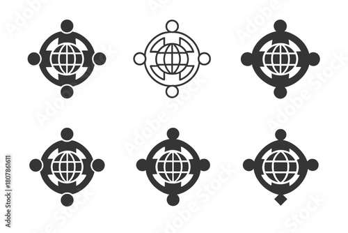 Migrant Rights Icons. Migrant rights. Icon set. Set Logo of Migrant Rights: abstract figure carrying a suitcase within a circle. harmonious logo variations of