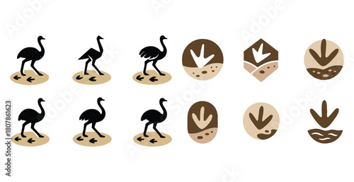 Stylized ostrich silhouettes and footprint patterns in earth tones
