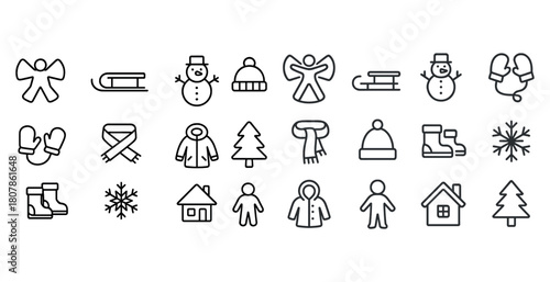 Winter icon set: snowmen, mittens, sleds, and more seasonal symbols