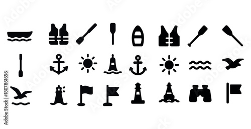 Nautical icons set: boats, life vests, oars, anchors, flags, lighthouses, binoculars