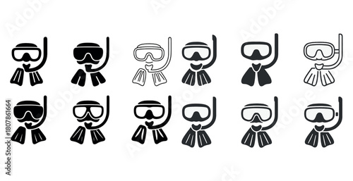 Diverse snorkel icons: multiple styles of snorkeling gear depictions