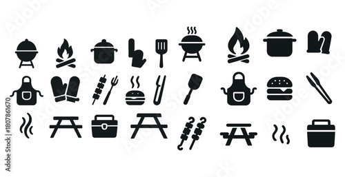Barbecue icon set: grills, utensils, food, fire, picnic elements