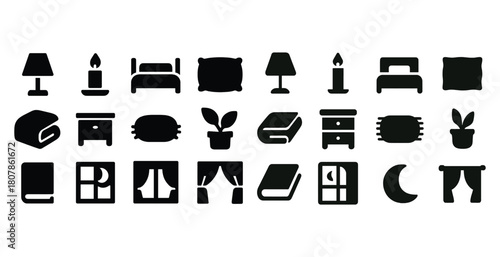 Silhouette icons of bedroom items and home decor elements