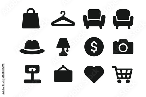 Secondhand Shopping Icons. Secondhand shopping. Solid icon set of secondhand shopping: shopping bag, clothes hanger, shoe, chair, hat, lamp, coin, camera,