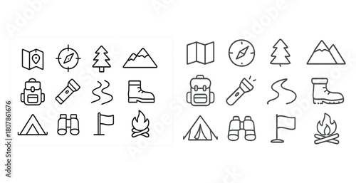 Minimalist camping icons set: backpack, compass, tent, campfire, map
