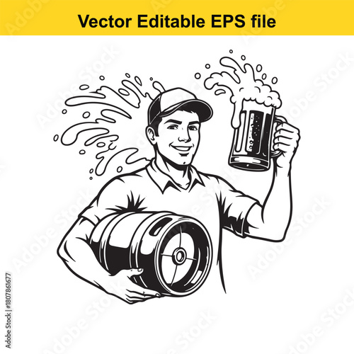 Smiling man in cap carrying beer keg and mug with splashing foam isolated on hand drawn vector illustration in vintage style