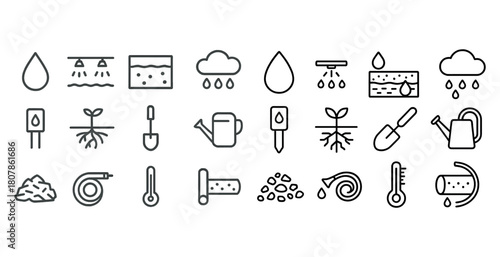 Simple gardening icons collection: watering, planting, and tools