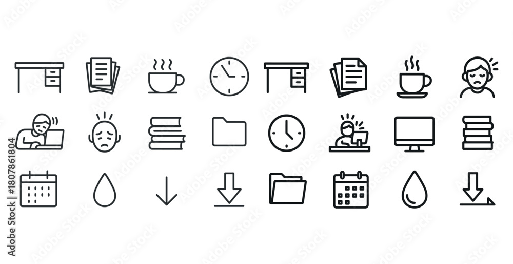 Fototapeta premium Office icons set: desk, documents, coffee, clocks, stress, calendar, folders, download