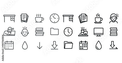 Office icons set: desk, documents, coffee, clocks, stress, calendar, folders, download