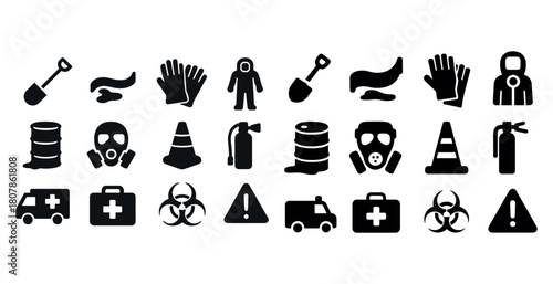 Emergency and safety icons including gas masks, hazmat suits, and protective equipment