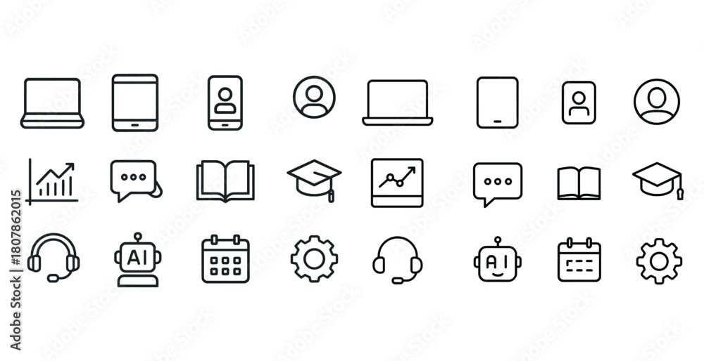 Fototapeta premium Set of technology and education icons featuring devices and communication tools