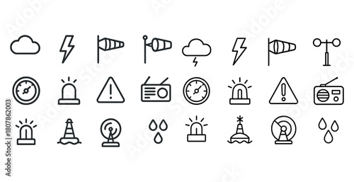 Weather symbols: storms, wind, clouds, alerts, radio signals, gauges, raindrops