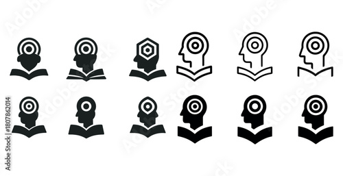 Set of abstract human head icons with target symbol and book design elements