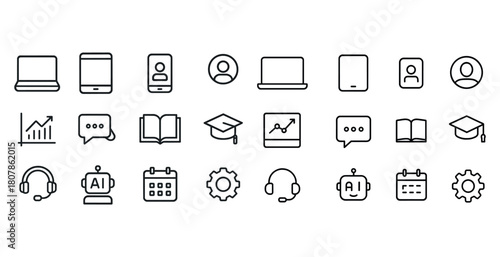 Set of technology and education icons featuring devices and communication tools