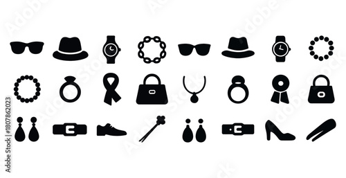 Fashion accessories icons: hats, jewelry, watches, bags, shoes
