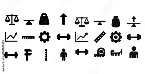 Fitness and measurement icon set featuring weighing scales and gear symbols