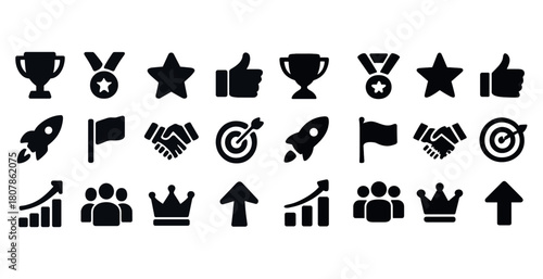 Achievement and success icons set including trophies, medals, and graphs