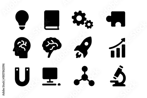 Concept Shift Icons. Concept Shift. Solid icon set of Concept Shift: light bulb, book, gears, puzzle piece, brain, telescope, rocket, chart, magnet, computer,