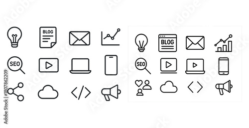 Digital marketing icons set: seo, blog, email, analytics, social media, cloud, coding, communication