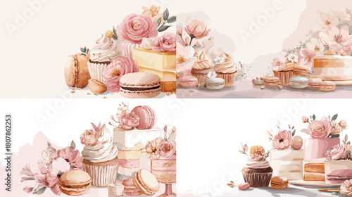 Elegant pastel dessert arrangement with cakes, cupcakes, macarons, and soft pink flowers, illustrated in delicate watercolor style for bakery themes and invitations.