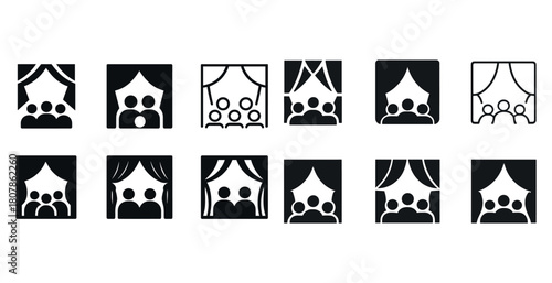 Theater audience icons set with curtains and people silhouettes