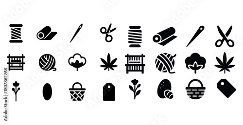 Sewing and craft icons: needle, scissors, yarn, and design elements