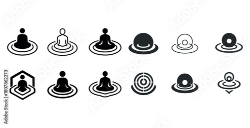 Minimalist meditation icons: zen figures and symbolic designs in black and white