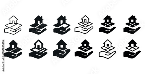 Collection of hand-holding house icons in various styles and designs