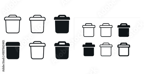 Set of trash can icons in various styles and designs