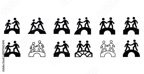 Bridge collaboration icons: people helping each other across gaps